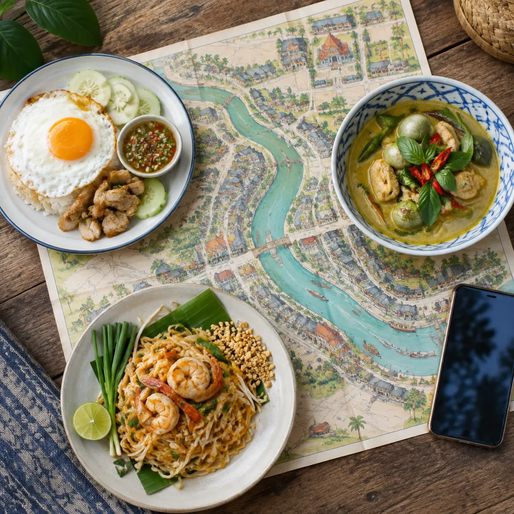 แผนที่เมืองริมน้ำกับอาหารมื้อเช้า กลางวัน และเย็น